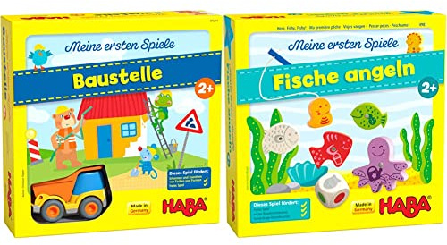 HABA 305211 - Meine ersten Spiele – Baustelle & 4983 - Meine ersten Spiele Fische Angeln, spannendes Angelspiel mit bunten Holzfiguren