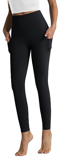 RIMLESS 7 damleggings med fickor hög midja bomull yogabyxor träning löpning atletisk kompression capris, 7/8 längd-svart, XL