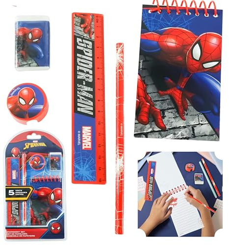 Spiderman-Schreibwaren-Set für Kinder, A5-Notizbuch, Radiergummi, Bleistift, Lineal, Spitzer, Marvel Spider-Man, Geschenke für Jungen ab 3 Jahren, 5-teilig
