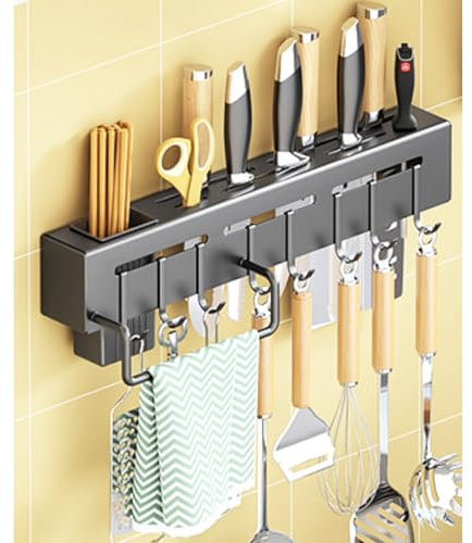 ZABEES Porte - Ustensiles De Cuisine Mural En Acier Inoxydable, Support Rangement Mural éTagèRe De Cuisine，Ustensiles De Cuisine, Support, Crochet, Porte - Couteau, 40cm, Noir
