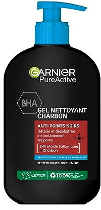 Garnier Pure Active - Gel Nettoyant Charbon - Réduit Points Noirs & Boutons - Nettoie & Désincruste les Pores - BHA & Charbon - Vegan & Cruelty Free - Peaux à Tendance Acnéiques - 250 ml