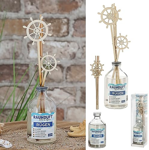 Raumduft 'Rügen' | 100ml 4 Rattanstäbe 2 Dekostäbe 5x21cm Glas | Maritimes Duftaroma Diffuser Mandel Orchideen (1 x Raumduft Rügen)