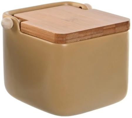 Salero gres color beige pastal con tapa de madera bambu para cocina (Beige)
