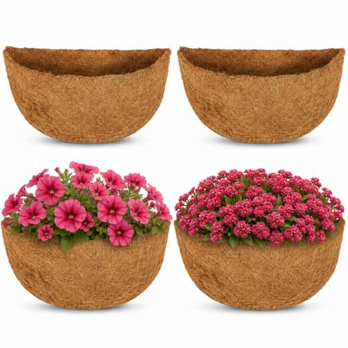 HFHOME 4 PCS 40.6cm/16in Dia Semicircle Wall Hanging Basket Coco Liner, Coco Fiber Replacement Liner, Semi-Round Planter Liner for Plants Wall Basket, Garden Flower Pots Indoor and Outdoor