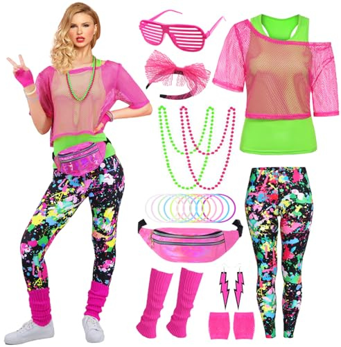 80er 90er Jahre Outfit Damen 20 Stück 80iger Retro Kostüm Off Shoulder Netzshirt Frauen mit Leggins Neon Kleidung Zubehör Set Bauchtasche Ohrring Netzhandschuhe Armband Halskette Bad Taste Outfit 022L