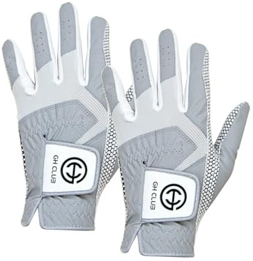 GH CLUB Men's Golf Glove Worn on Left Hand 2 Pack Non-Slip Silicone Extra Grip Synthetic Leather Durable Polyurethane All Weather (Gray, Large)