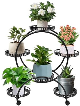 Pflanzenregal aus Metall, 6 Töpfe Blumenregal Pflanzenhocker, Mehrstöckig Blumenständer Pflanzenständer mit 4*Universalräder, 72.5x31x76 cm, für Terrasse, Wohnzimmer und Schlafzimmer (Schwarz)