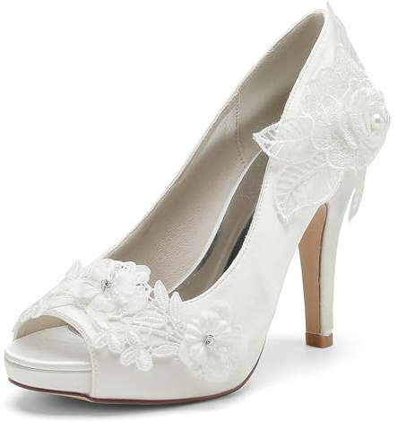 Speesy Chaussures de Mariée Femme Blanche Escarpins à Talon Haut Chaussure Mariage Talon Femme Bout Ouvert Chaussures de Mariage,Ivoire,39 EU