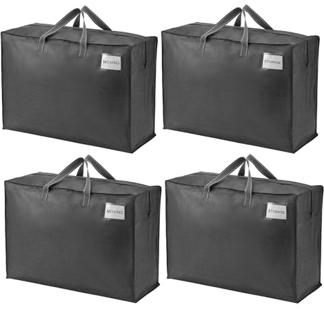 VENO 105 Liter Extra Groß Aufbewahrungstasche mit starke Griffe und Reißverschlüssen für Umzug, Camping, Kleideraufbewahrung, Reisetasche, Unterbett Aufbewahrungsbox (L Schwarz - 4-er Set)