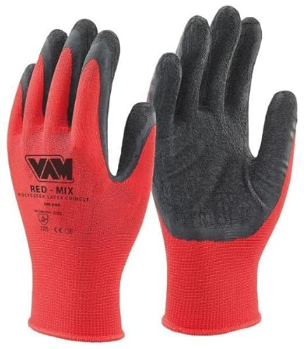 12 paia Guanti da Lavoro Protettivi Certificati CE con rivestimento in lattice crinckle - Resistenti all'abrasione - Versatile Protezione meccanica industriale giardinaggio montaggio - Rosso - Tg. 10