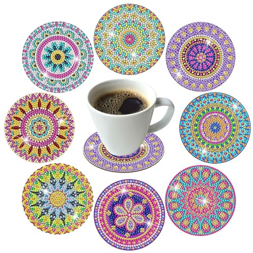 JSTHHTT 8 Stück Diamond Painting Untersetzer, Diamond Painting Erwachsene, Diamant Tassenuntersetzer, DIY Mandala Untersetzer rutschfest, für Anfänger, Erwachsene, Kinder
