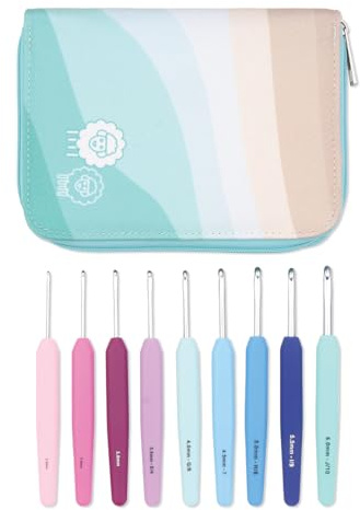 KnitPro Waves Crochet Hooks Set – 9 Hook Deluxe Gift Set, Sizes 2 – 6mm, Ergonomic Soft Handles, Soft Rubber Grip for Arthritic Hands, Light & Comfortable Crochet Needles for Knitting