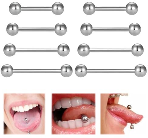 NHPY 8 Stück Zungenpiercing Chirurgenstahl, Zungenpiercing Kugeln, Tongue Piercing, 14G Chirurgenstahl Piercing Zunge Tongue 12/14/16/18mm Stab