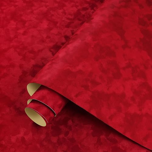 ReWallpaper Samtstoff Selbstklebend Rot Tapete Vintage 44.5CMx7M Beflockte Stofftapeten für Wohnzimmer Schlafzimmer Rot Samt Strukturtapete Selbstklebend Samtstoff Dicke Wandtapete Stoffoptik