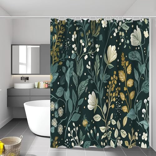 Rideau De Douche Fleurs Sauvages Vignes Imperméable, Tissu Polyester Plantes Feuilles Douche, Lavable en Machine Rideaux Salle de Bain avec 12 Crochets pour Baignoire Salle de Bains 180 x 180 cm