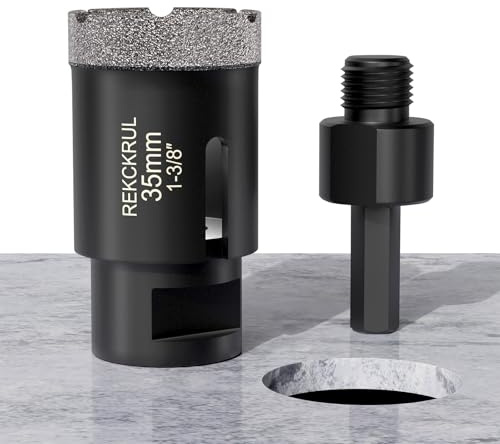 REKCKRUL 1-3/8 Inch Dry Diamond Core Drill Bits, 35mm Vacuum Brazed Diamond Hole Saw for Porcelain, Ceramic, Granite, Brick, Concrete - 5/8-11 Thread & 3/8 Hex Adapter