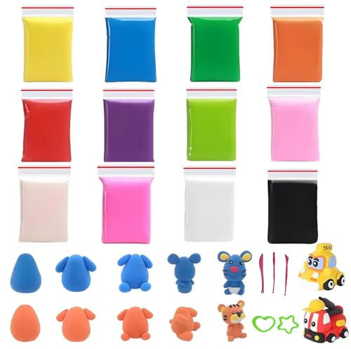 12 Farben Modelliermasse lufttrocknend – Selbsttrocknende Knete für Kinder ab 3 Jahren – Foam Clay Bastelset mit Werkzeugen & Formen – Kreatives DIY Geschenk für Jungen & Mädchen