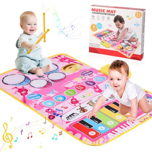 iFunLong Musical Toys Mat for 3 Year Old Girls, 2 in 1 Baby Piano Drum Mat, 3-6 Year Girls Music Educational Toys, Toddler Toys 1st Birthday Presents Easter Gifts for Kids