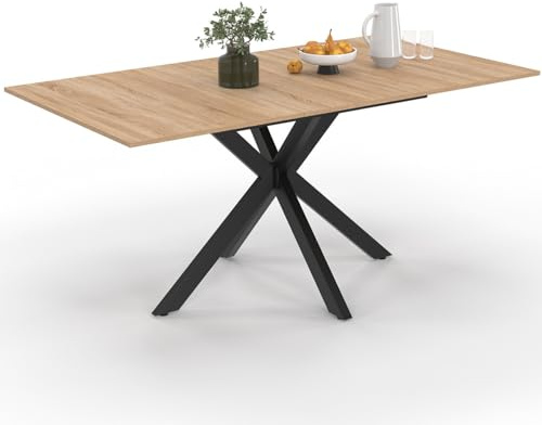 IDMarket - ALIX Rechteckiger ausziehbarer Esstisch für 4-8 Personen mit Holzbeinen und schwarzem Tischgestell 120-160 cm