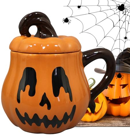 Poupangke Tasses Citrouille,Mug Céramique Citrouille Avec Couvercle et Anse | Verres À Boire 35cl Pour Automne Cuisine Thé Café Bière Jus