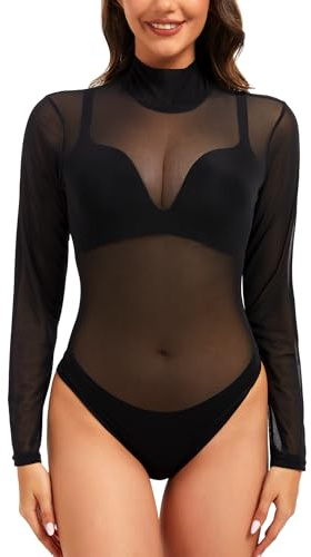 Kiiwah Body Trasparente Nero Donna, Sexy Maglietta con Bottone Automatico Sul Cavallo Top Maniche Lunghe Collo Alto Maglia a Rete Camicia Trasparente Donna Nera per Discoteche, Feste e Appuntamenti