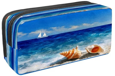 VAPOKF Pen Bag Pencil Case, Student Stationery Pouch for Teen Boys Girls, School Office Supplies - Beach Conchs Sail Boat Painting