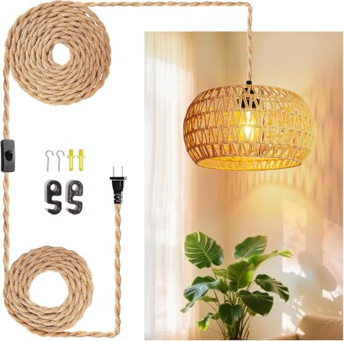 LUCORUSC Hanging Lamps Rattan Pendant Light Hanging Lights 16.4ft Plug in Cord Pendant Light Fixture Plug Into Wall Outlet Pendant Lighting with On Off Switch for Bedroom Living