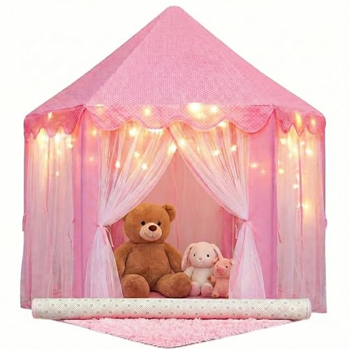 ORIAN Princess Castle Playhouse Tent for Girls with LED Star Lights and Rug – Indoor & Outdoor Large Kids Play Tent for Imaginative Games – ASTM Certified, 230 Polyester Taffeta, Pink 55x53