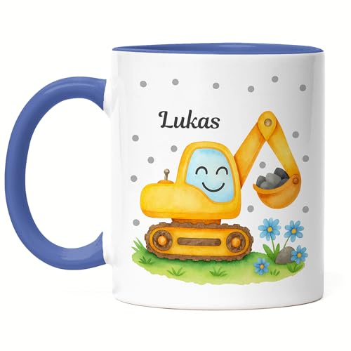 Kiddle-Design Bagger Tasse Kinder Personalisiert mit Name - Kinderbecher für Kindergarten, Kita - Kindertasse mit Baustelle und Fahrzeuge als Trinkbecher, Zahnputzbecher - Tasse Blau