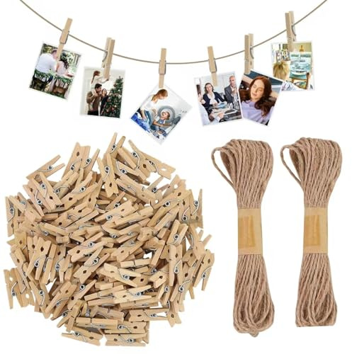 150 Pcs Wooden Photo Clips Pegs with Stainless Steel Springs, Durable Natural Mini Clothespins for Hanging Photos, Cards, Notes, Crafts, DIY, Wedding, Party, Christmas, Halloween Decorations