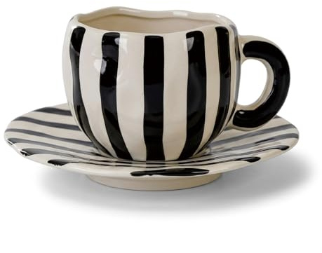 VrythosNex Retro 12oz Cappuccino Coffee Mug with Saucer, Black and White Stripe Latte Art Mug & Tea Cup and Saucers, Cute Ceramic Mug Set for Cafe, Home, Office