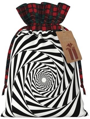 Schwarze und weiße Vortex-Weihnachtsbeutel mit Kordelzug, Aufbewahrungsbeutel für Weihnachtspapier mit Etiketten, mittelgroß