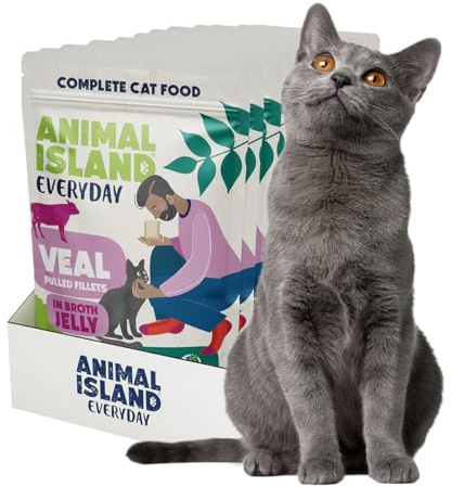 Animal Island Everyday Komplett Våtfoder för Vuxna Katter Strimlade Kalvköttsfiletter i Buljonggele Recept Utan Spannmål Portionspåse Flerfack, 12 x 85g