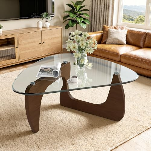Aivermeil Dreieckiger Beistelltisch, Couchtisch Glas Transparent, Großer Wohnzimmertisch Mid-Century, MDF Holz Beine Walnuss-Finish, 108x75x40cm, Eleganter Kaffeetisch Sofatisch Glastisch