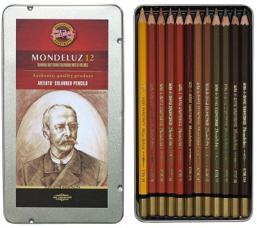 Koh-I-Noor - Matite acquerellabili, pastelli idrosolubili, Mondeluz, 12 tonalità di Marrone, per artisti, con Scatola Regalo in Metallo
