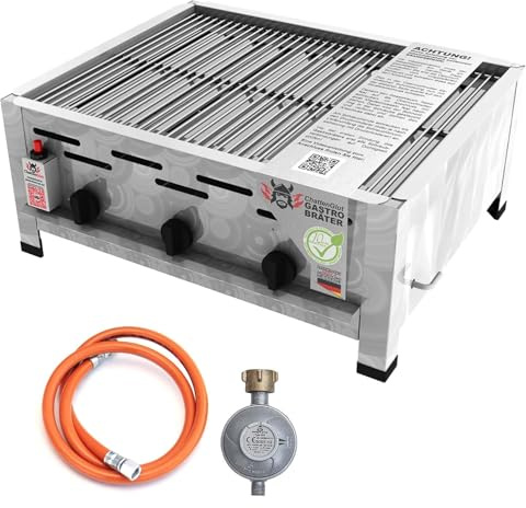 ChattenGlut Professional Gastrobräter 3-flammig Tischgerät 10,8kW Stahlbrenner für Flüssiggas 650x530x270mm mit Rost, Regler Anschlussschlauch