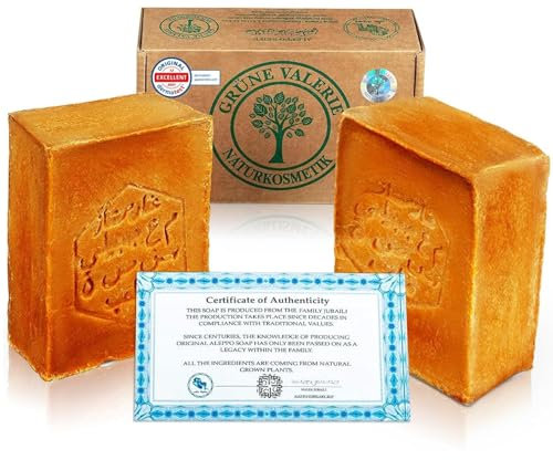 GRÜNE VALERIE® Original Aleppo Seife Set 2 x 200g (400g+) mit 20% / 80% Lorbeeröl/Olivenöl |6 Jahre gereift|Feste Seife, Naturseife/Haarseife/Duschseife | Handarbeit | DERMATEST:Exzellent