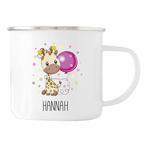 4youDesign Metalltasse Emaille-Look für Kinder -Giraffe-, personalisiert mit Namen I Geschenk zum Kindergeburtstag