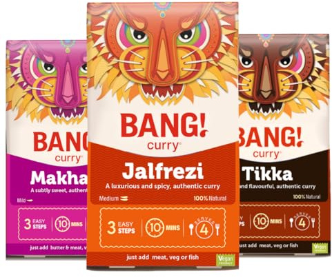 Jalfrezi, Tikka and Makhani Curry Sauce Kits, Mild, Medium and Spicy Curry Spice Kits, Easy to Use, Ready in 10 Min, 100% Natural and Gluten Free (3 Pack) - BANG! Curry