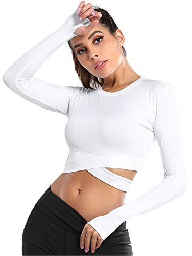 SotRong Maglia Sportiva da Donna a Maniche Lunghe Girocollo Crop Top Ad Asciugatura Rapida Sportiva T Shirts per Allenamento Palestra Yoga Bianco S