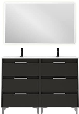 AMIZUVA - Ensemble Meuble de Salle de Bain Suki avec 6 Tiroirs - Largeur 120 cm - Comprend 2 Lavabos en Céramique - Finition Anthracite Brillant - Meuble Double Vasque - Meuble Bas de Lavabo