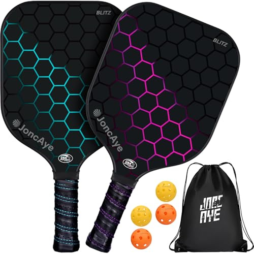 JoncAye USAPA Approved Pickleball Paddles Set of 2 - Fiberglass Rackets, 4 Outdoor Indoor Balls, Racquet Bag, Grip Tape - Lightweight Pickle-Ball Equipment for Men Women Adults Kids