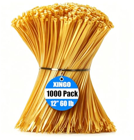 XINGO 1000 Stück Kabelbinder Gold, 300mm x 4.8mm, 22,7 kg Zugfestigkeit, UV-beständig, Selbstsichernde Kabelbinder für drinnen und drauße