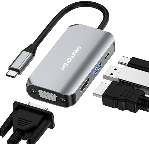 hanchuang USB C to VGA Adapter, USB-C to HDMI 4K Multiport Adapter, PD100w USB3.0 Type C Docking Station Hub 4 in 1 for MacBook Pro/Air, Dell Laptops & More