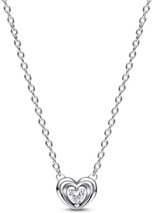 PANDORA Strahlendes Herz & Schwebender Stein Collier-Halskette aus Sterlingsilber mit Zirkonia in der Farbe Silber, PANDORA Moments Collection, Länge: 45cm, 392494C01-45