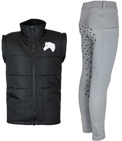 MS-Trachten Reitset Kinder Reitweste Mia schwarz gesteppt mit Reithose Hanni grau mit Silikonprints (146/152)