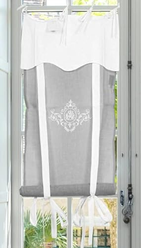 Autrefois Rideau Enrouleur et Brise bise, Lin brodé, Voilage Broderie, Style Charme, Petit Rideau Fin, Decoration pour fenetre de Cuisine, Salle de Bain, Salon, Simone (Gris, 45 x 160 cm)