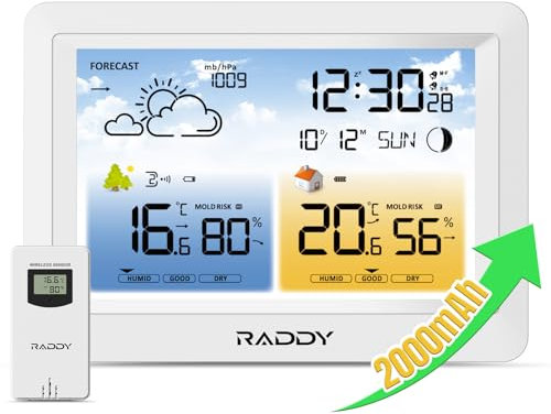 Raddy WM6 Wetterstation funk mit Außensensor Wireless Indoor Outdoor Thermometer Hygrometer Barometer mit eingebautem 2000mAh Akku, DCF-Funkuhr, Wettervorhersage, Schimmelpilzwarnung für Zuhause