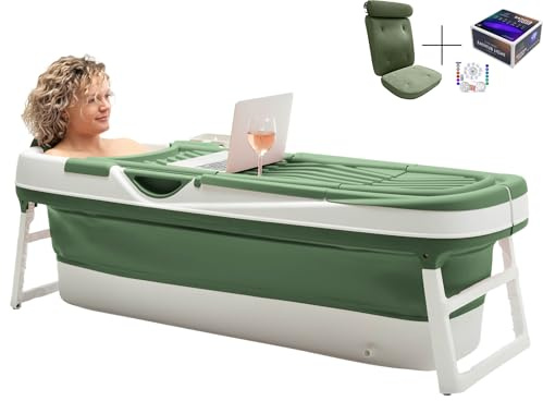 HelloBath® Opvouwbare Badkuip XXL 157x60x48 cm voor Volwassenen | Draagbare Badkuip met Badkussen, Opbergtas, LED-lamp & Massagerollers | Mobiele voor Douche & Buiten | Groen