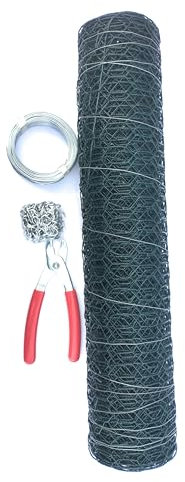 Astone green plastic (PVC) coated wire netting, 500mm x 10m x 25mm holes, Chicken wire fencing kit, with support wire, clips and pliers